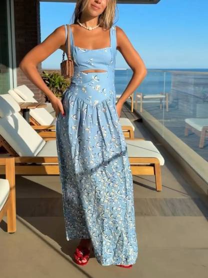 Hollow Design Printed Sling Dress