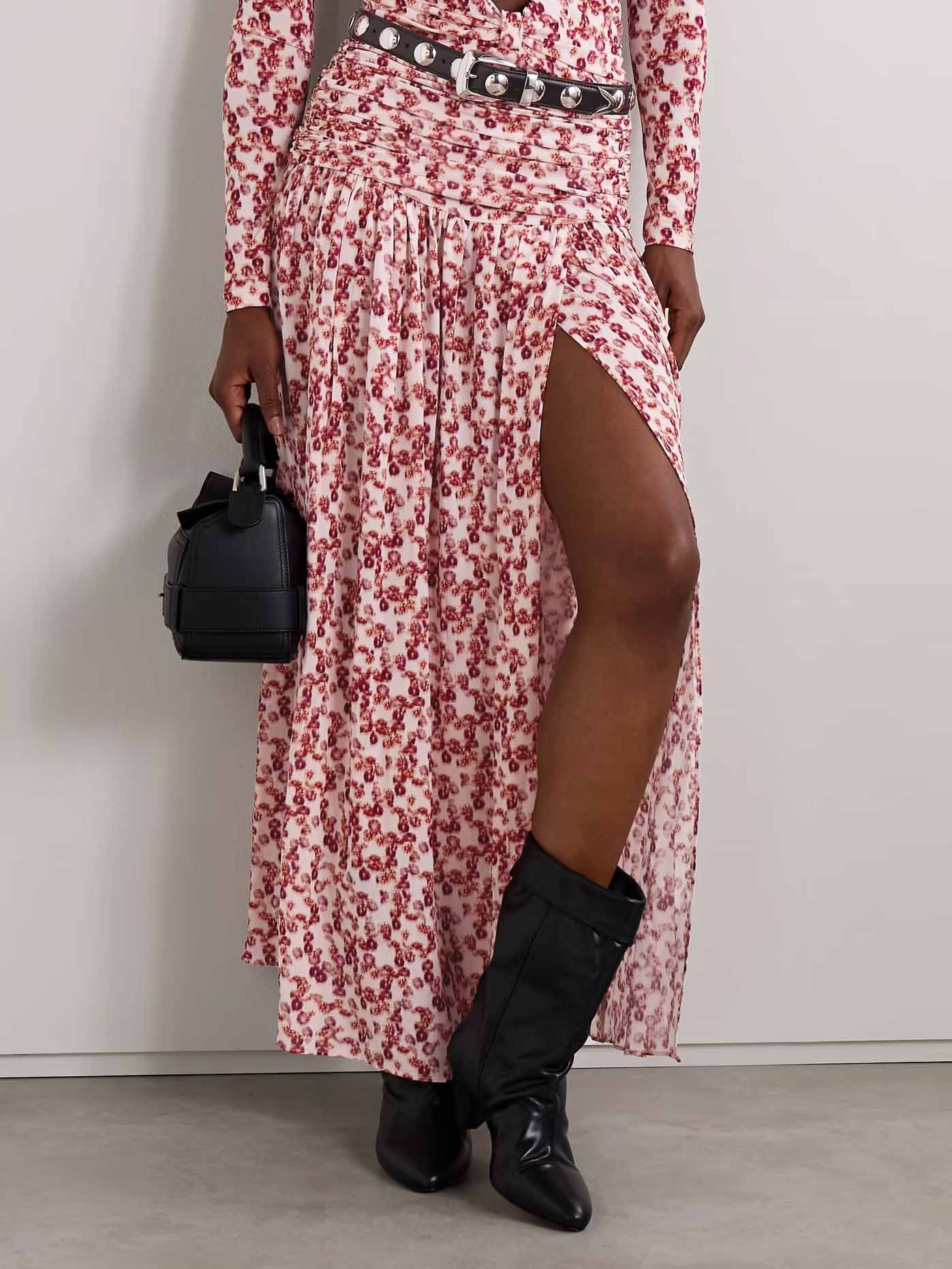 Exquisite Pleated Floral Print Stretch Knit Slit Skirt