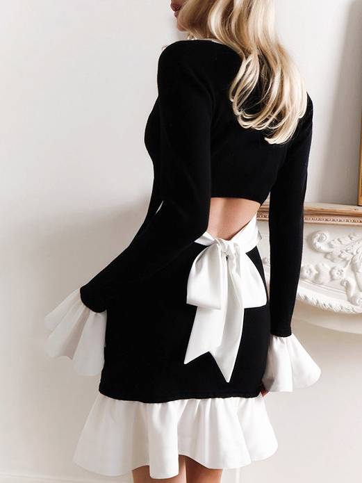 Square Collar Bow Lace-Up Ruffle-Sleeve Dress