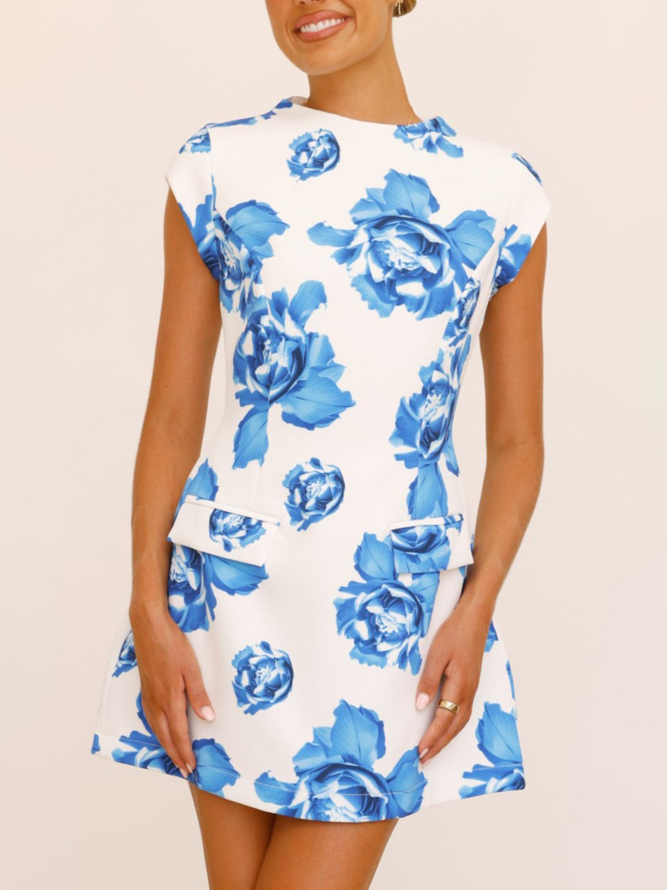 Elegant High-neck Blue Floral Print Mini Dress