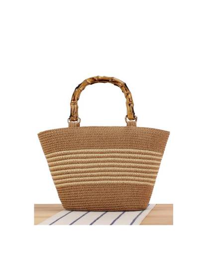 Bamboo Handle Striped Contrast Color Straw Handbag