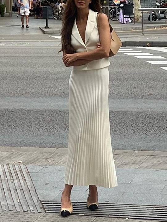 Suit Collar Vest and Midi Pleated Skirt Suit