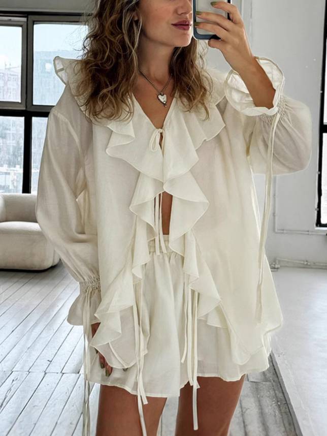 V-Neck Ruffle Shirt and Shorts Suit