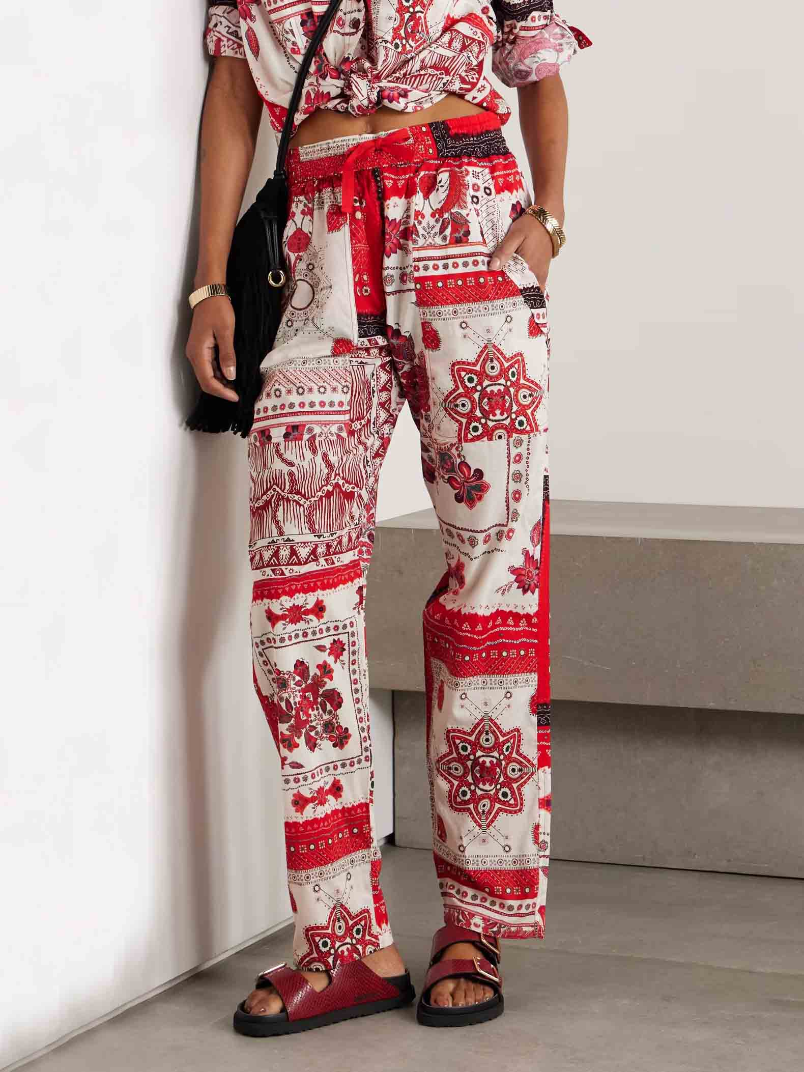Casual Ethnic Floral Print Drawstring Wide-leg Pants