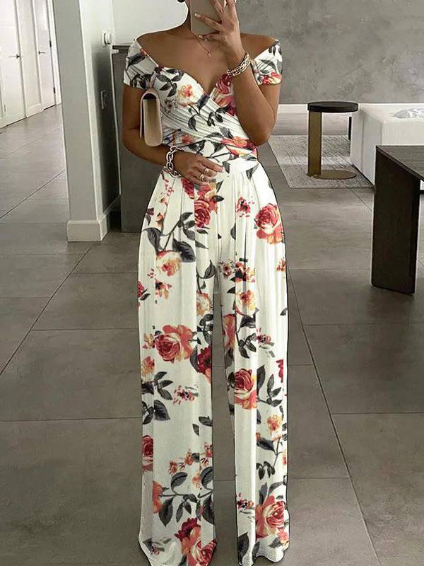 Off-shoulder Printed High-waist Jumpsuit
