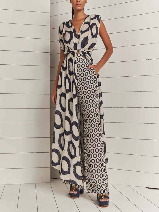Printed V-Neck Top And Pants Suit