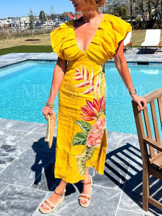 V-neck Pleated Print Dress