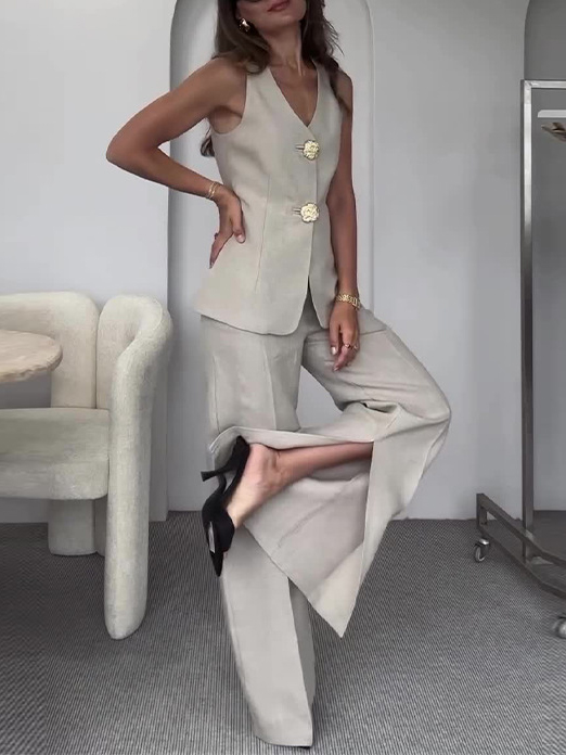 Slim-Fit Vest Slit Wide Leg Pants Suit