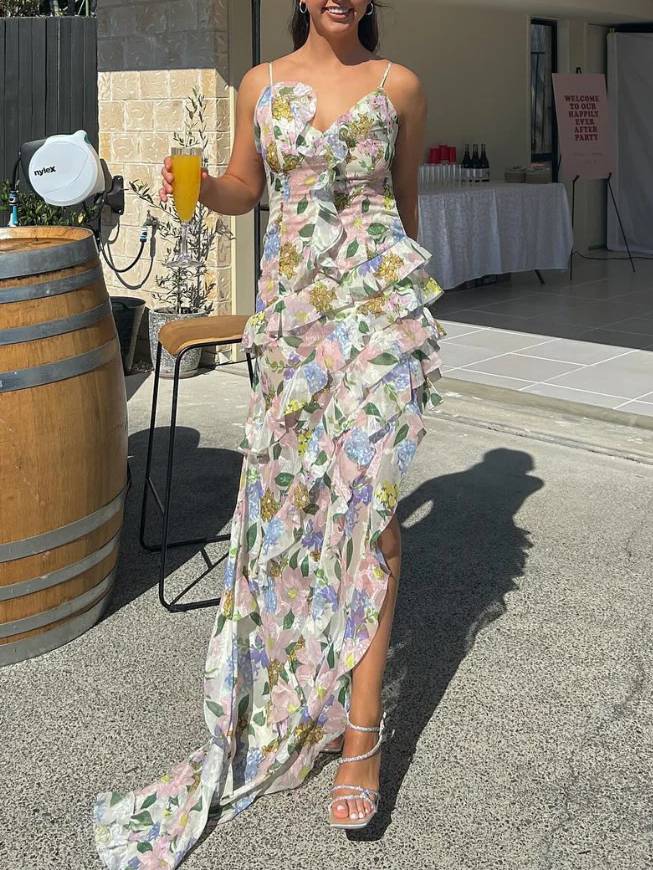 Suspender Printed Ruffle Dress