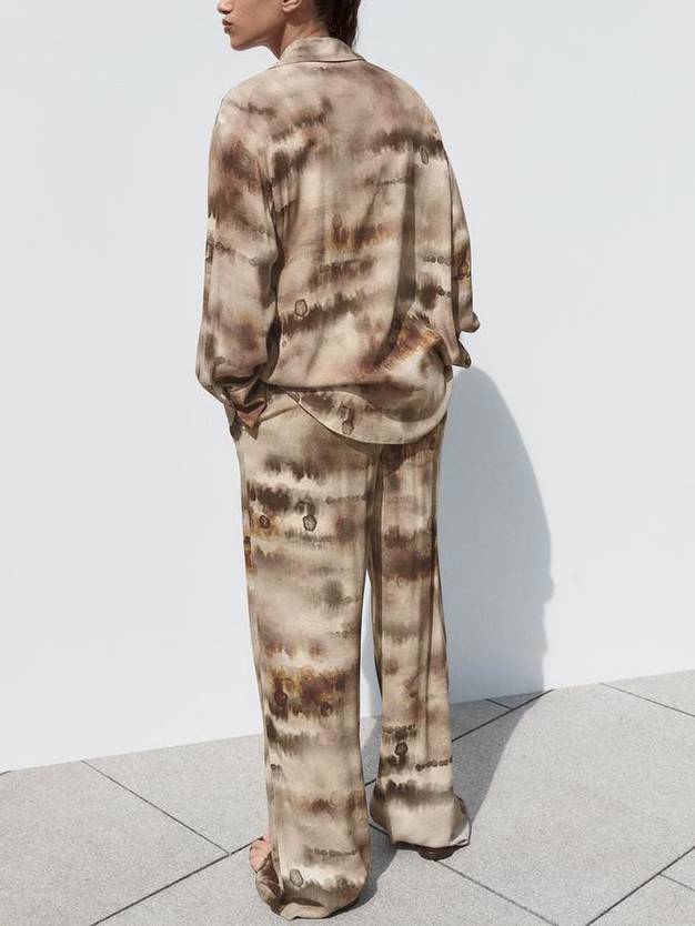 Unique Print Shirt And Wide Leg Pants Suit-Shirt