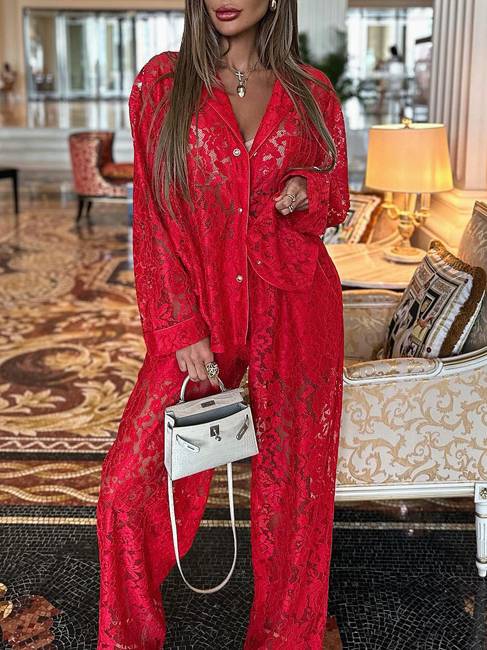 Lace See-through Shirt And Pants Two-piece Suit