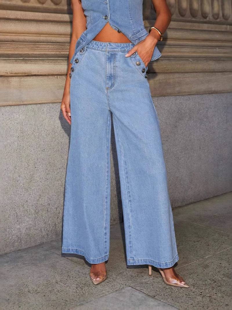 Minimalist Old Money Denim Vest Wide Leg Pants Set - Pants