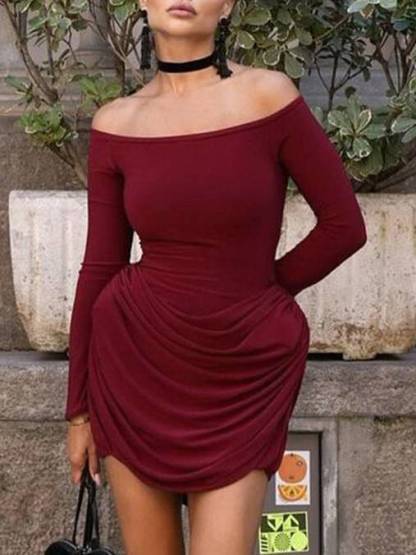 Off-shoulder Waist Pleated Mini Dress