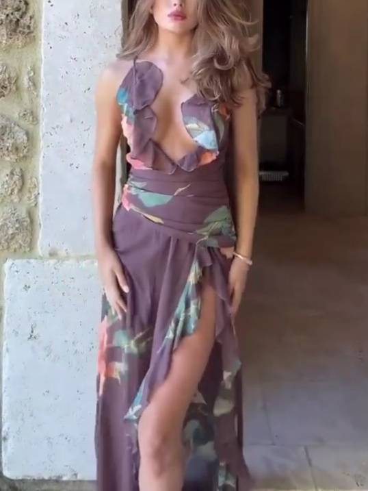 Deep V-neck Front Slit Floral Dress