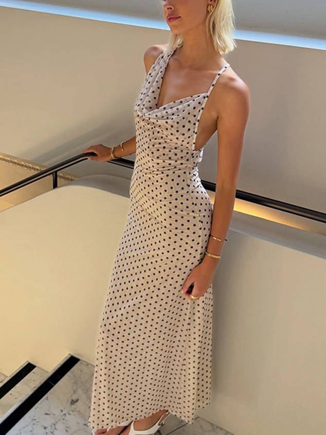 Polka Dot Suspender Irregular  Swing Collar Dress