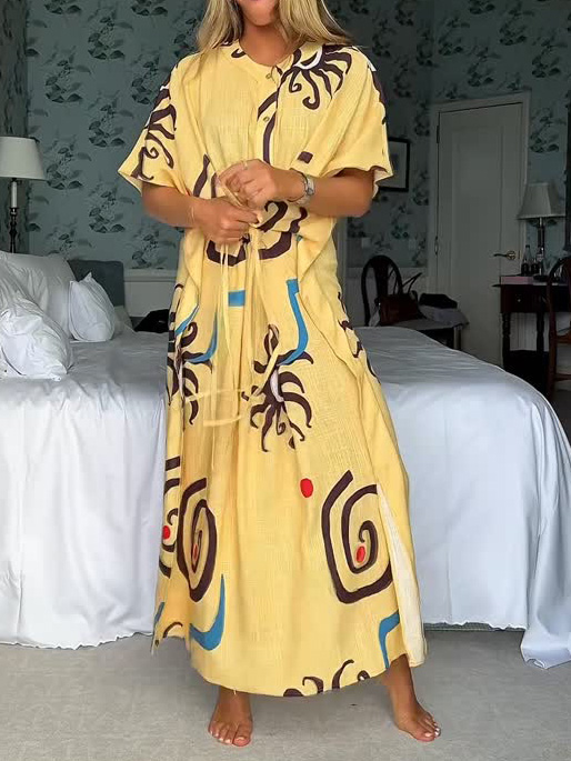 Unique Art Sun Floral Print Waist Tie Maxi Dress