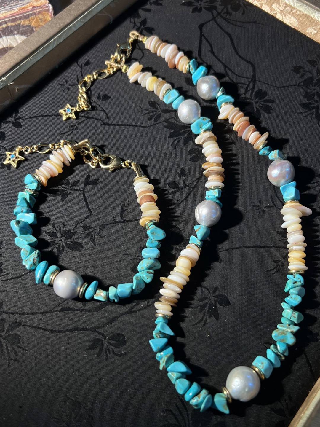 Turquoise Pearl Shell Necklace And Bracelet