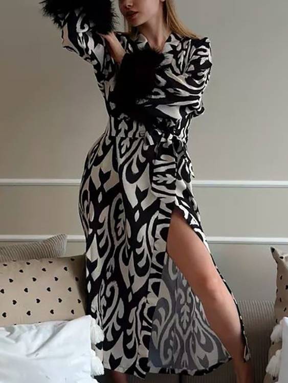 Printed Lace-Up Long Nightgown  Homewear