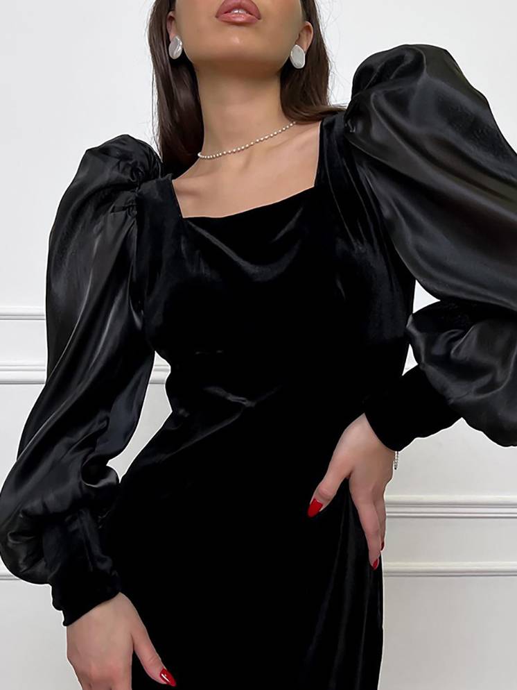 Square Neck Bubble Sleeve Front Slit Dress