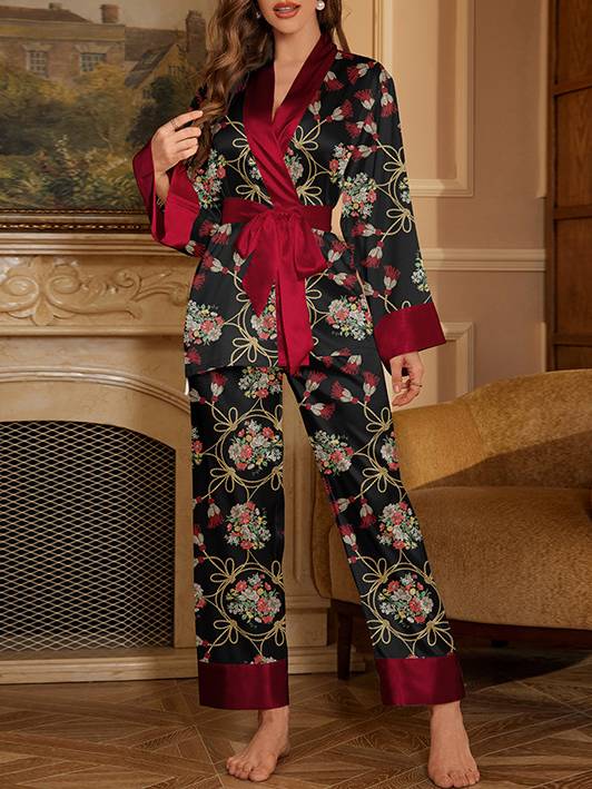 Printed Satin Long-Sleeve Pants Two-Piece Home Wear