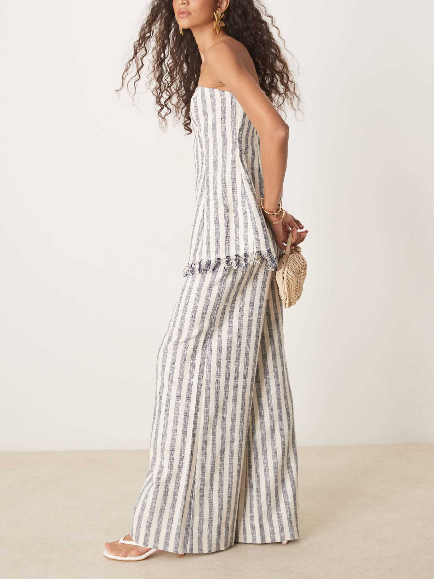 Casual Contrast Color Vertical Stripe High-Waist Wide-Leg Pants