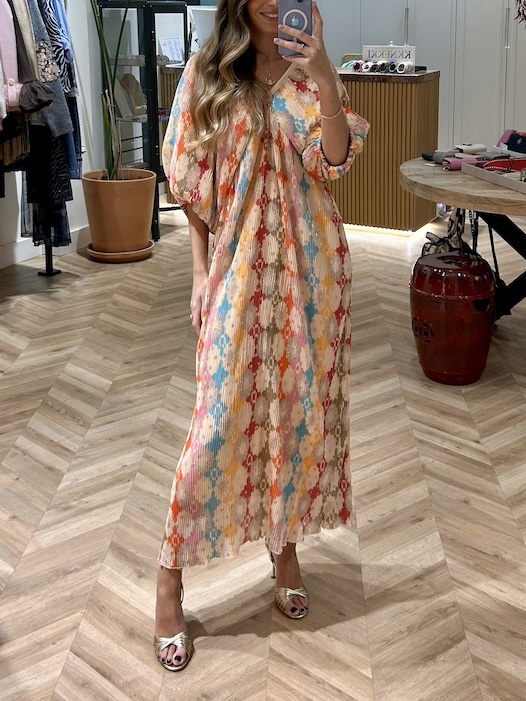 Unique Mosaic Printed Puff Sleeve Pleated Midi Dress