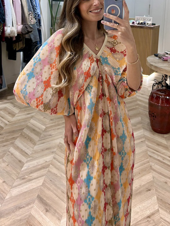 Unique Mosaic Printed Puff Sleeve Pleated Midi Dress