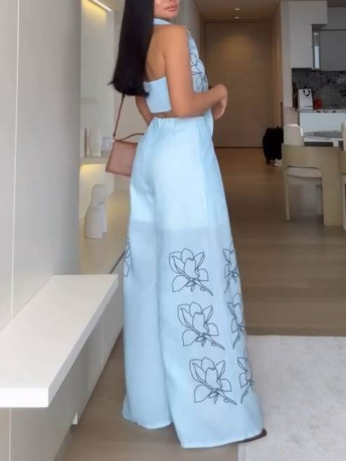 Shirt Collar Backless Top And Wide Pants Suit