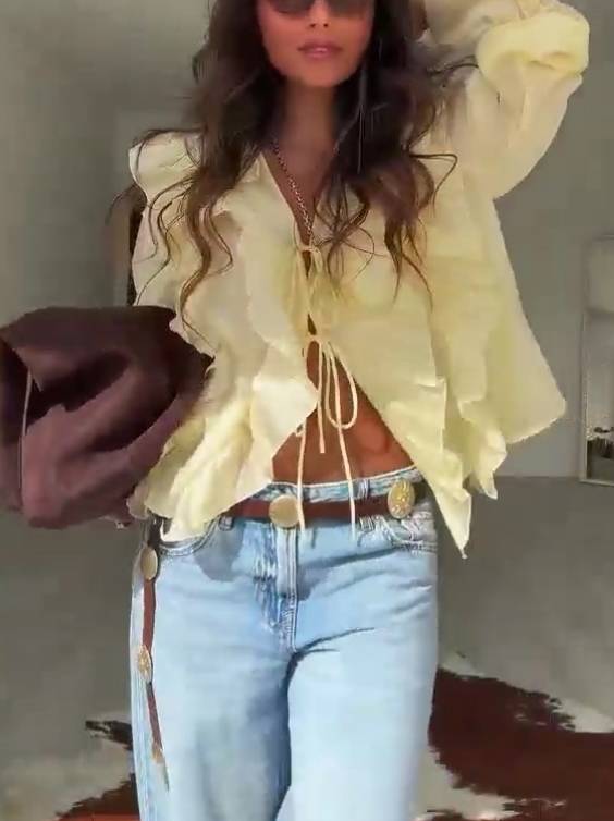 Bohemian Style Ruffled Lace-Up Shirt