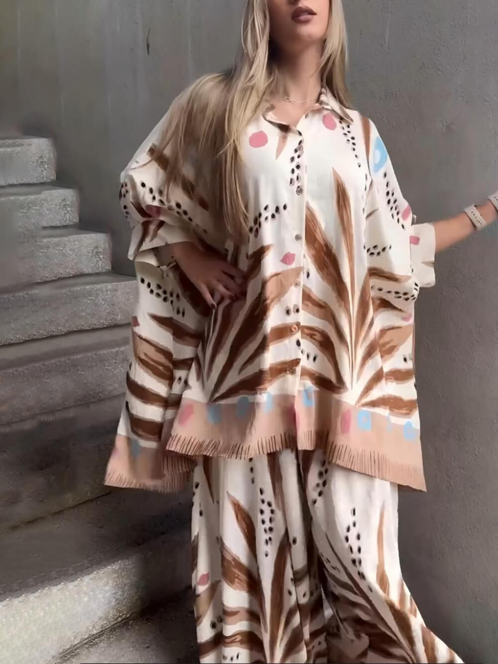 Unique Bohe Print Colorblock Elastic Waist Loose Fit Wide Leg Pants