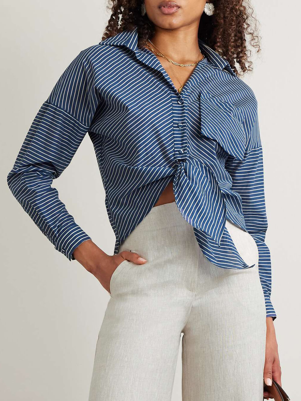 Retro Unique Lace-Up Detail Striped Print Shirt
