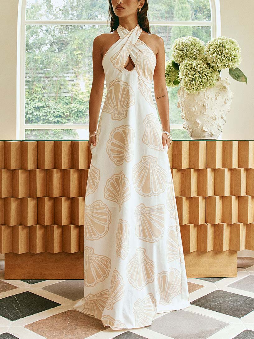 Exquisite Casual Scallop Print Cross-neck Maxi Dress