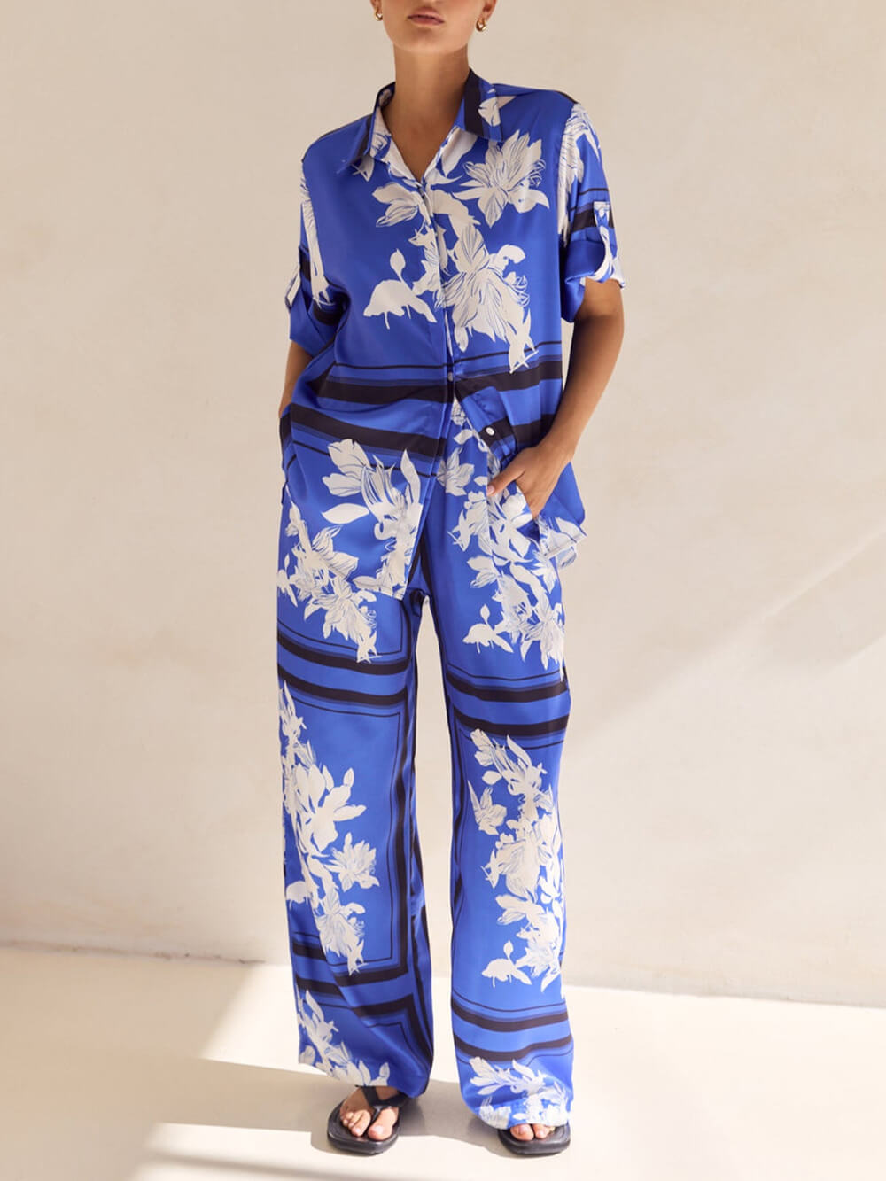 Casual Unique Satin Floral Print Elastic Waistband Drawstring Pocket Wide Leg Pants