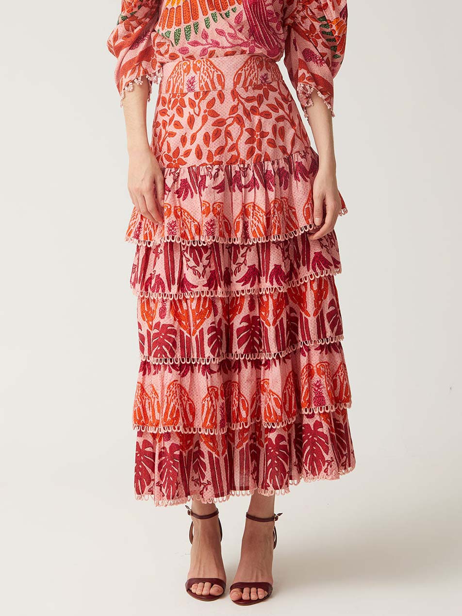 Vibrant Tropical Floral Print Layered Midi Skirt