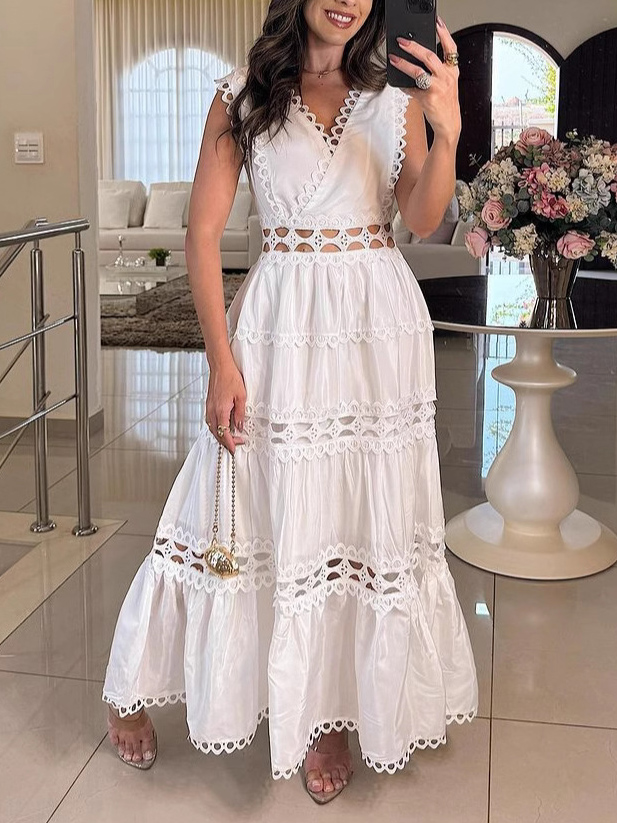 Vintage Sleeveless Lace Embroidered Hollow Maxi Dress