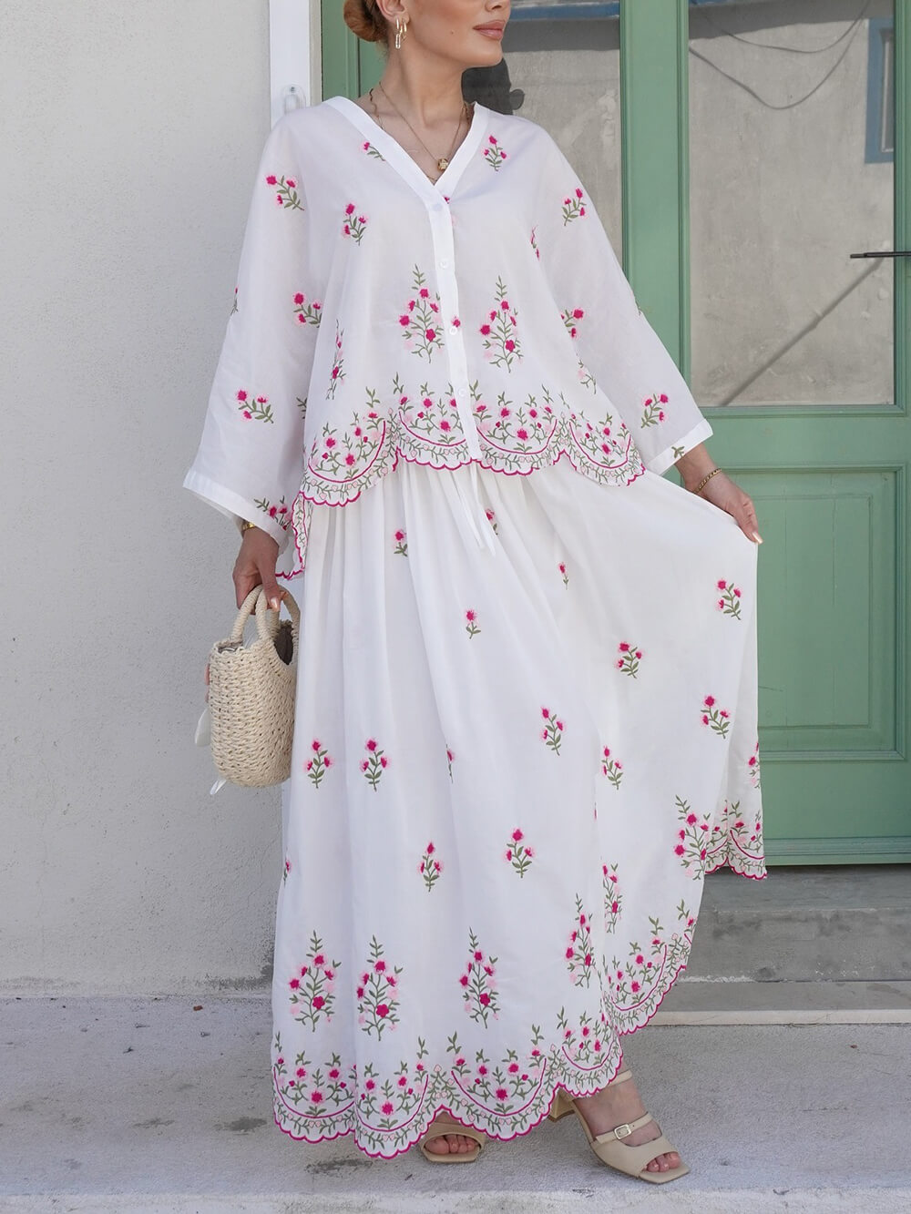 Delicate Floral Embroidered Ruffle With Elastic Waist Midi Skirt