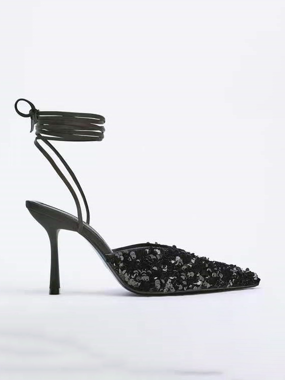 Sequined Slingback Pointed Toe Lace-up High Heels