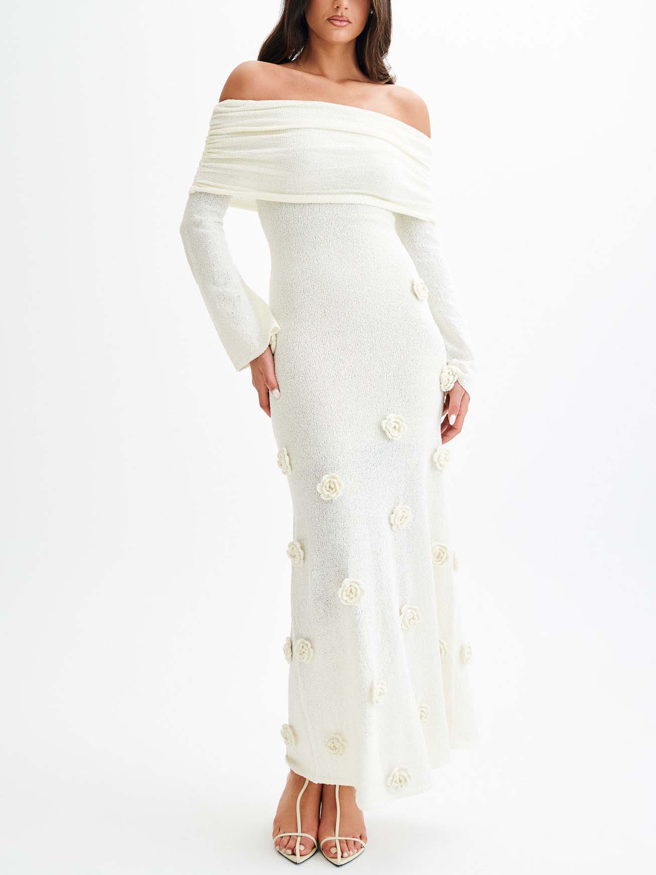 Elegant Off-shoulder Knitted Rose Maxi Dress