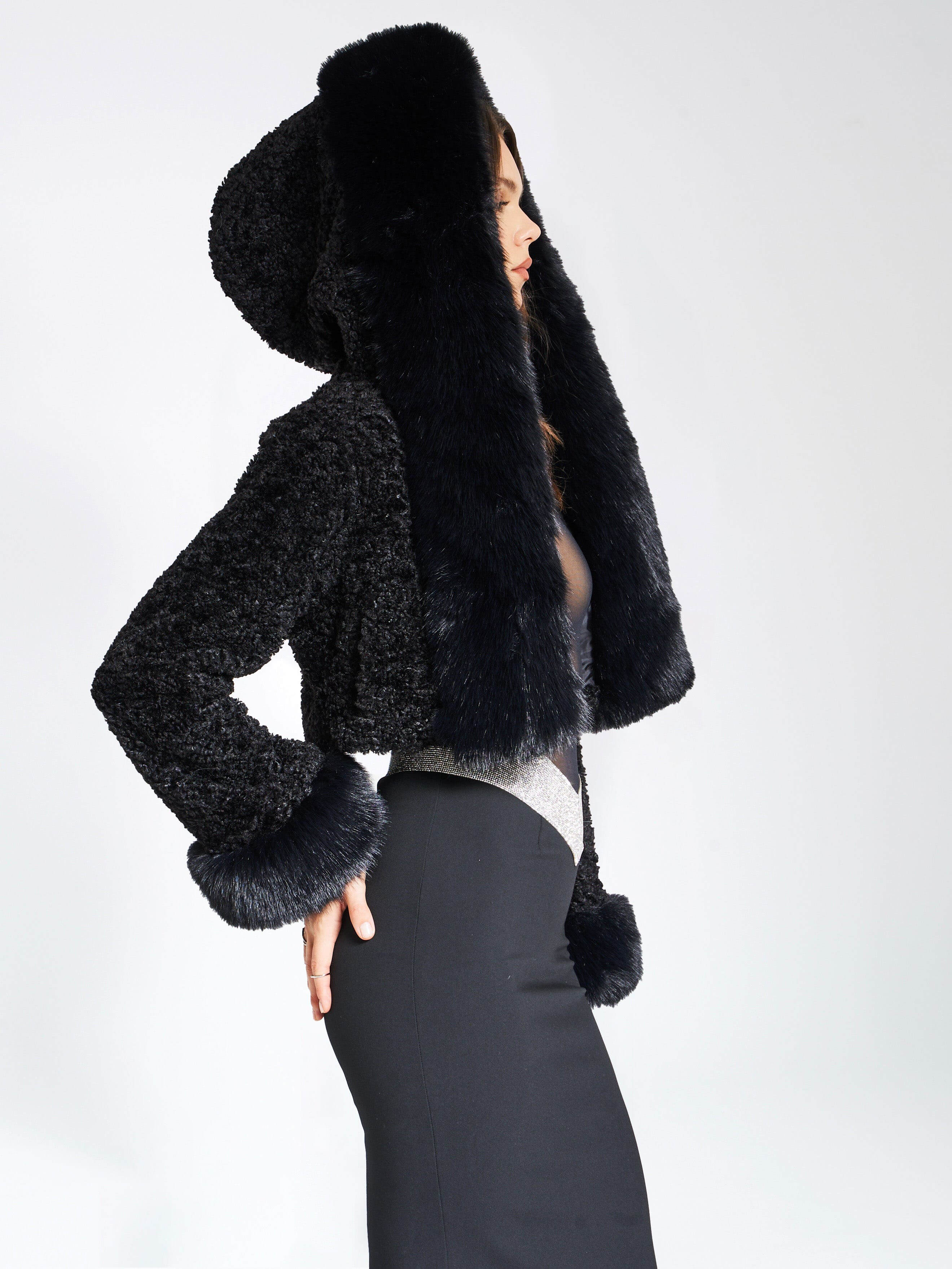 Faux Fur Hooded Cropped Coat With Rabbit Fur Collar