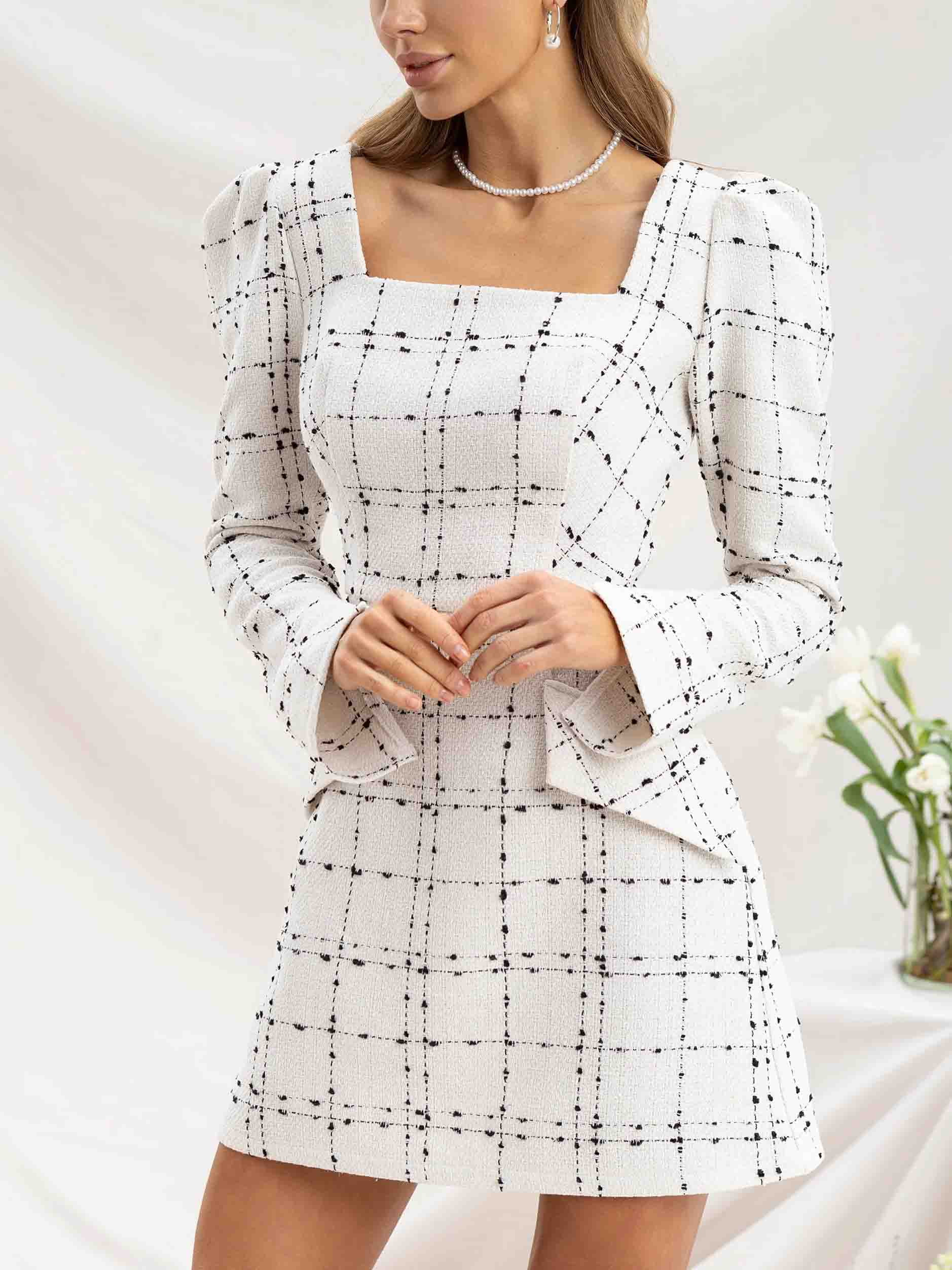 Elegant Tweed Grid Pattern Square Neck Mini Dress