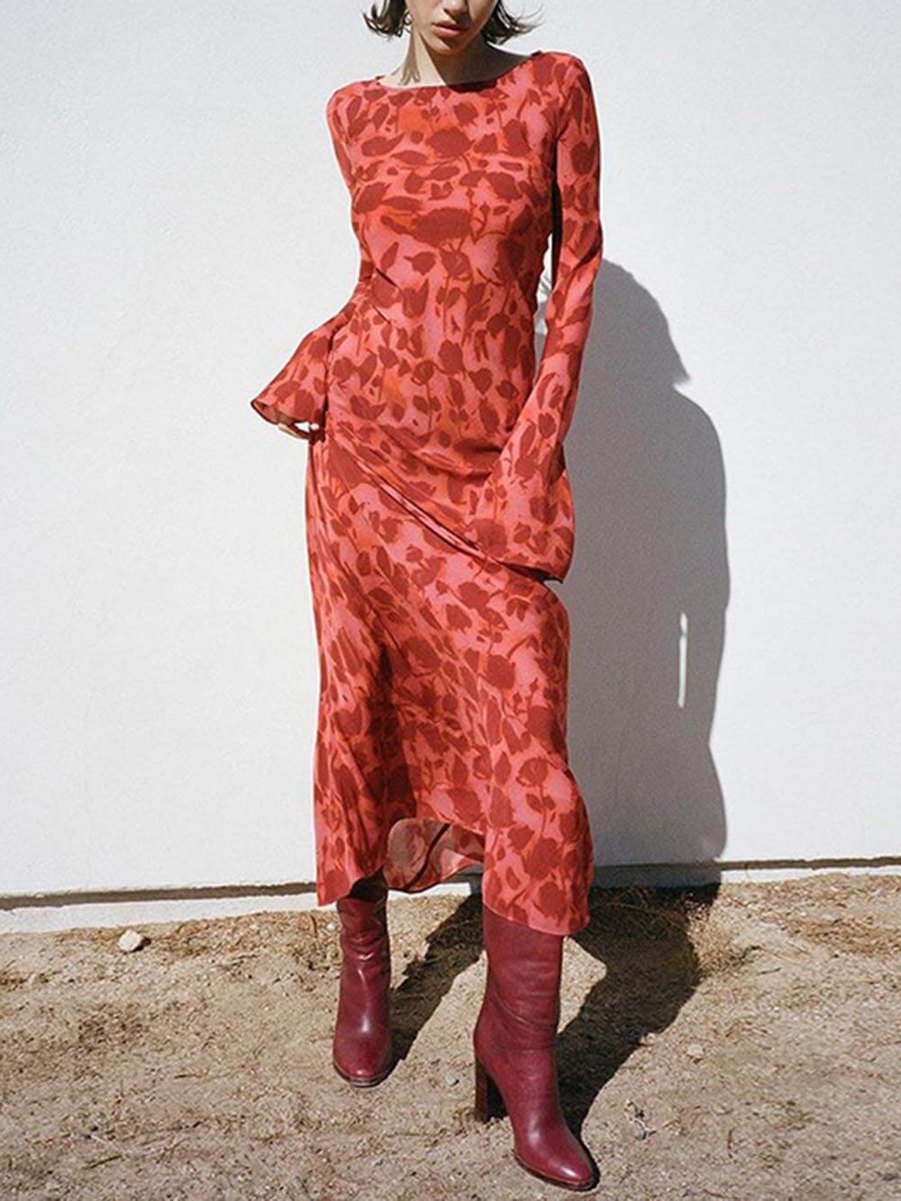 Unique Print Boat Neck Long Bell Sleeve Bias Cut Maxi Dress