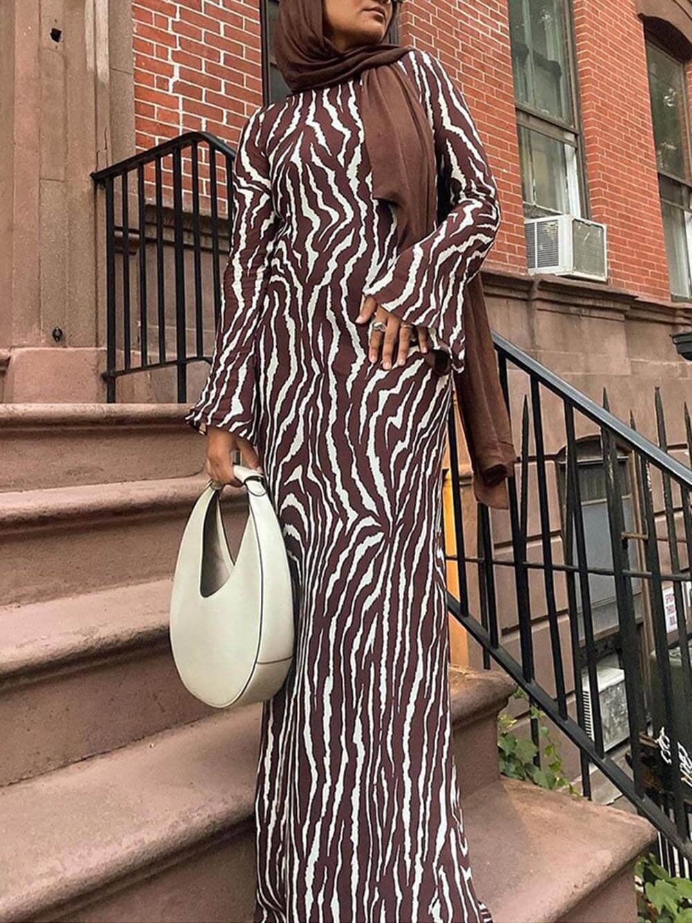 Unique Print Boat Neck Long Bell Sleeve Bias Cut Maxi Dress