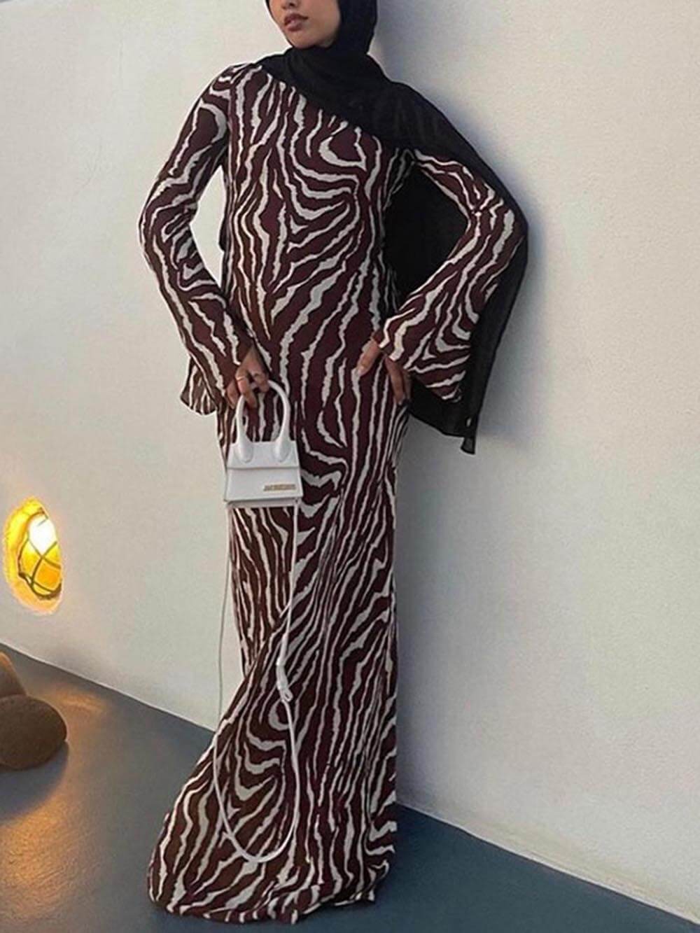 Unique Print Boat Neck Long Bell Sleeve Bias Cut Maxi Dress
