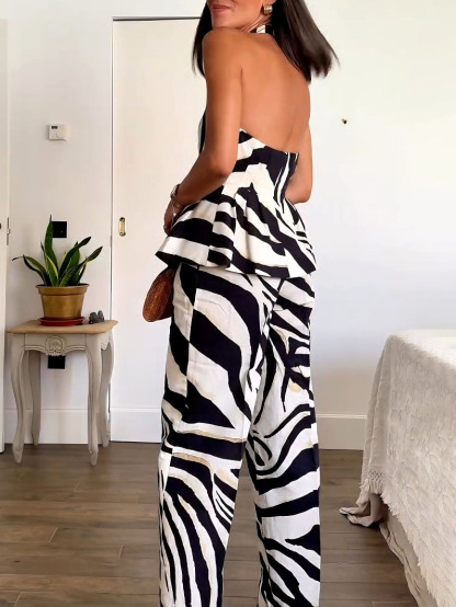 Casual Zebra Print Halter Neck Button Top