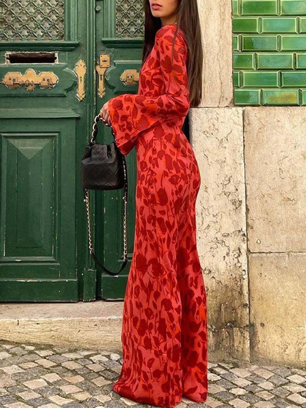 Unique Print Boat Neck Long Bell Sleeve Bias Cut Maxi Dress