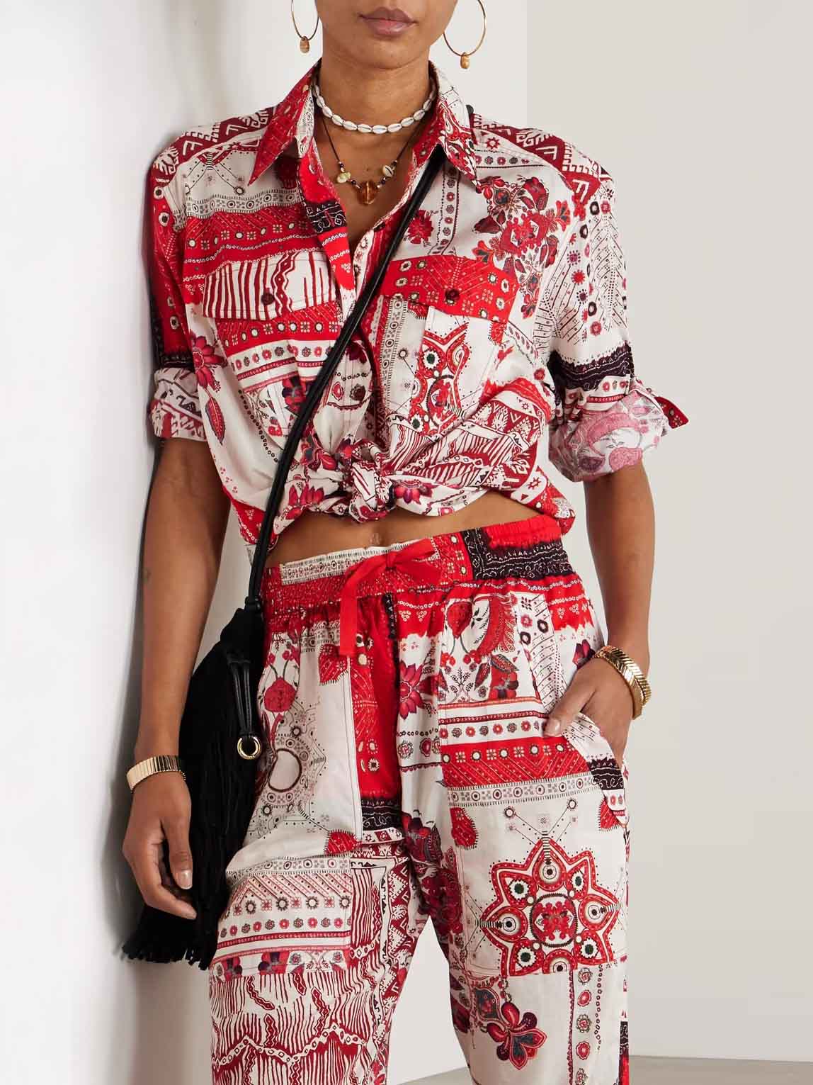 Casual Ethnic Floral Print Irregular Hem Shirt