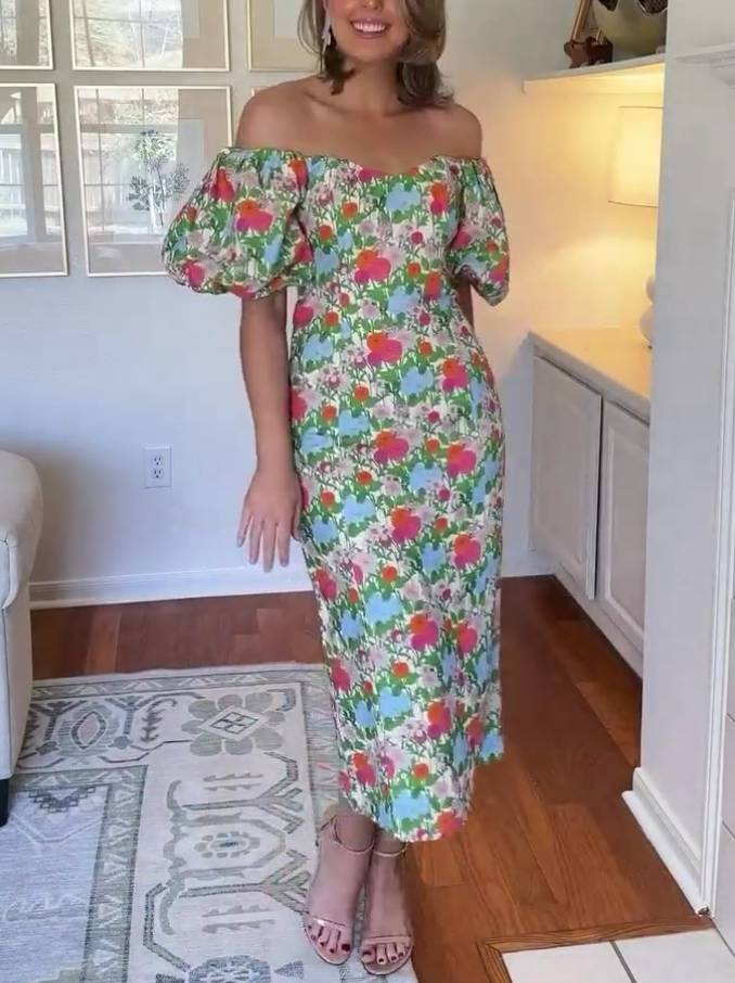 Bubble-Sleeve Floral Dress