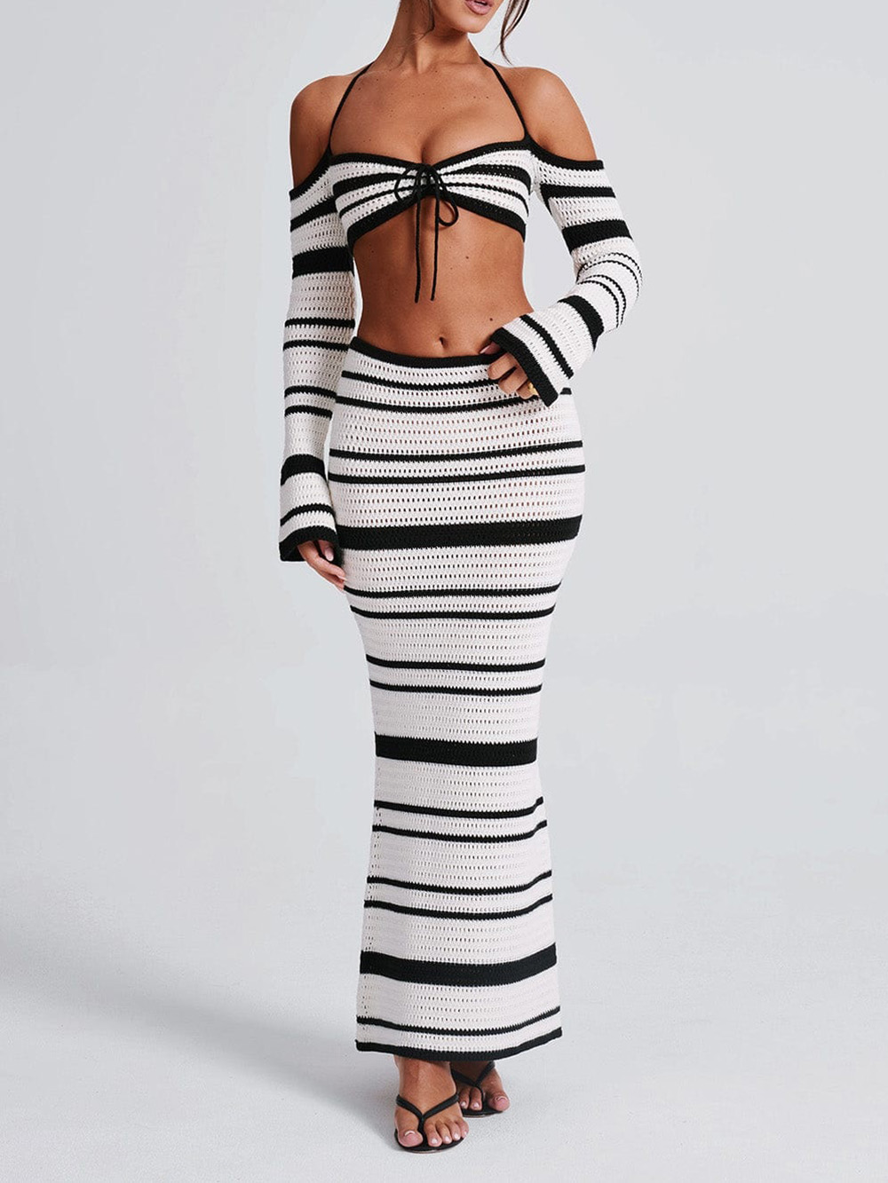 Classic Striped Long Sleeve Halter Top and Skirt Two-Piece Set
