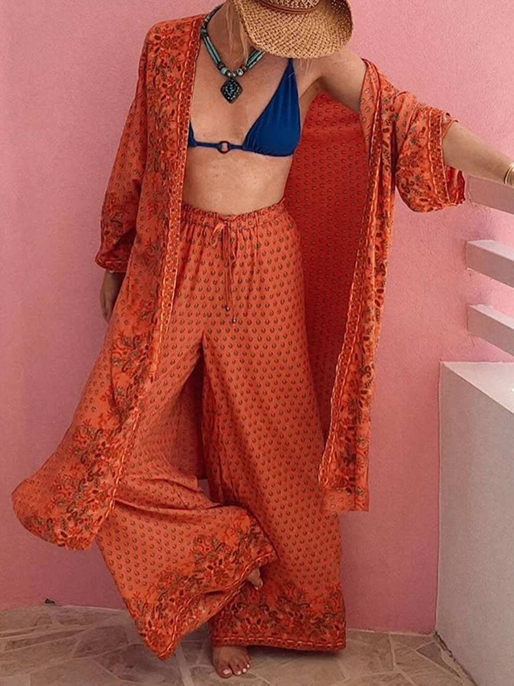 Unique Satin Floral Print Elastic Waist Loose Drawstring Wide Leg Pants