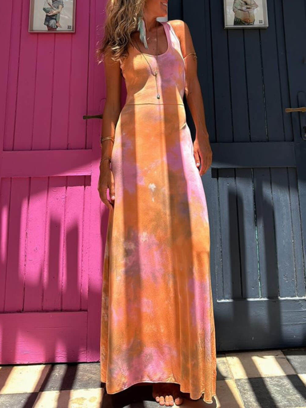 Unique Summer Adventures Tie-dye Print Back Lace-up Stretch Maxi Dress